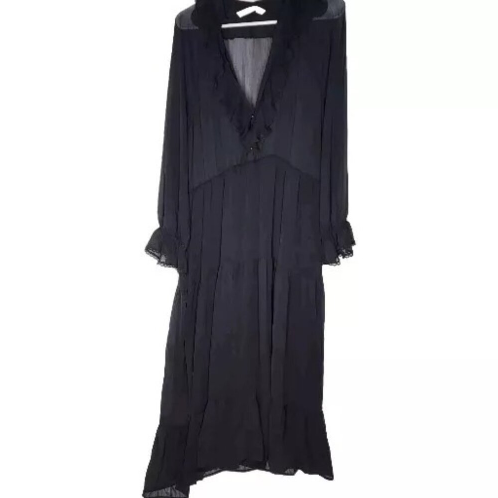 Zara Black Sheer V-Neck Tiered Maxi Dress